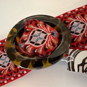 BELLERO Medium Red & Black Embroidered Reversible Slide Belt w/ Tortoise Buckle